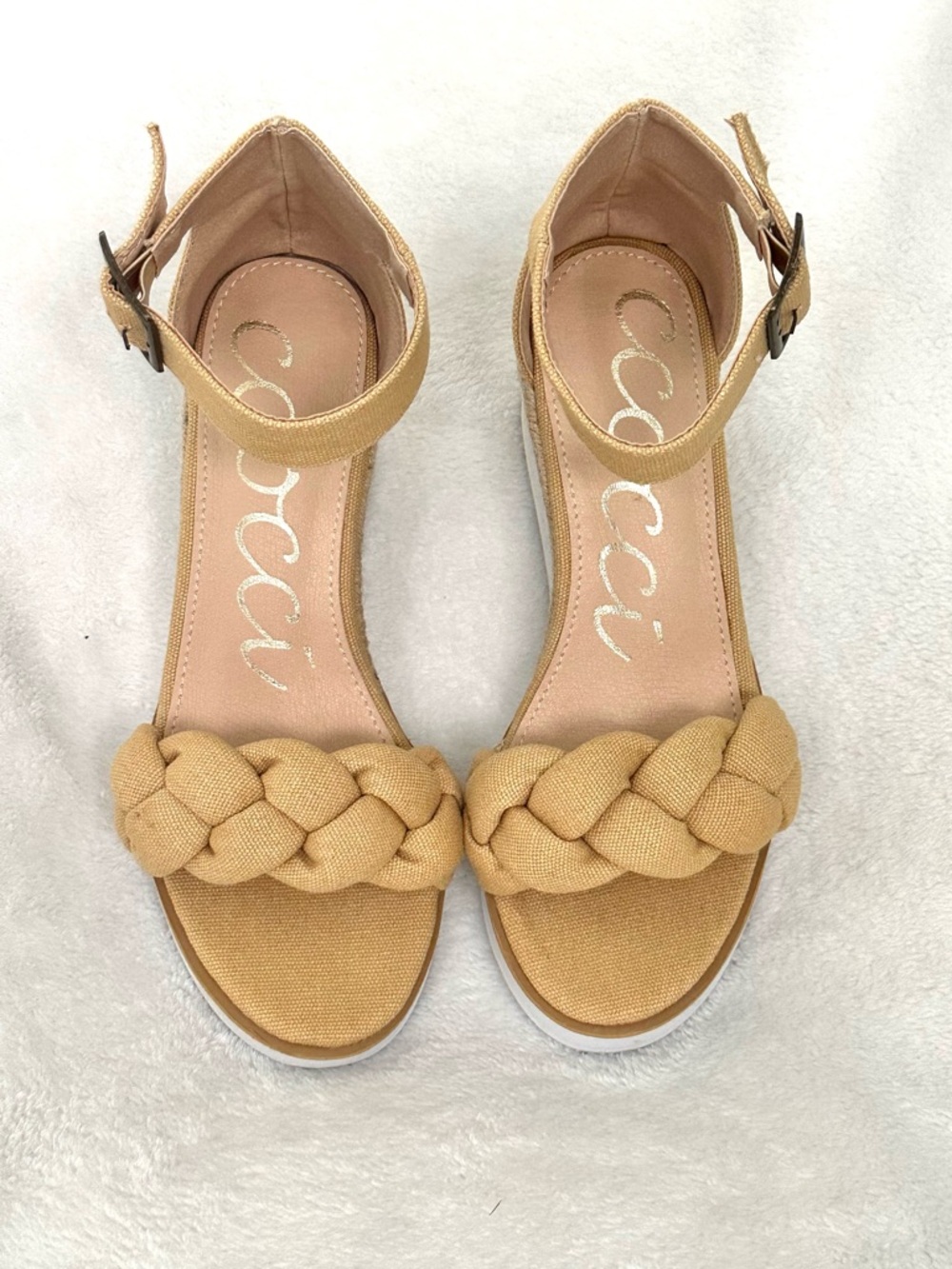 CCOCCI Braided, Ankle-Strap Platform Wedge Sandals in Tan Size 6
